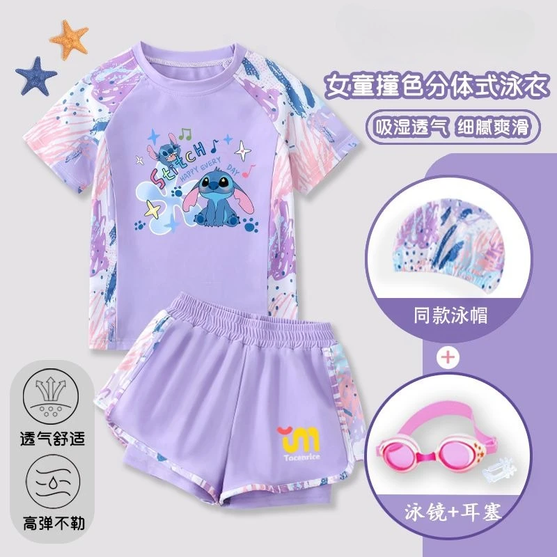 

Cartoon Stitch Girls' Two-Piece Swimsuit Set, Bottoms Style for Toddler & Little Girls Perfect for Hot Spring & Pool Fun