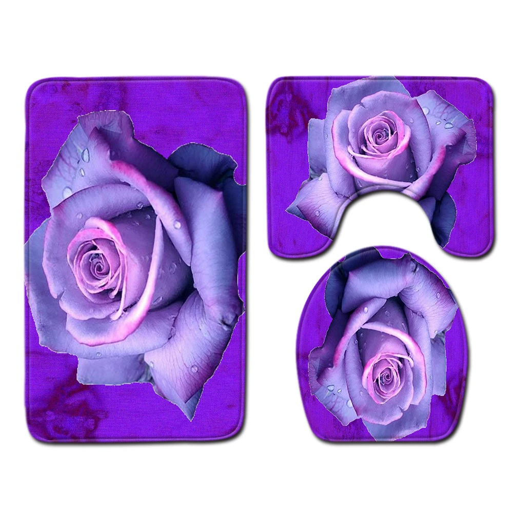 

Red Rose Bathroom 3-piece set Valentine's Day flower Plant Bathroom carpet Foot Mat Toilet Mat non-slip Absorbent