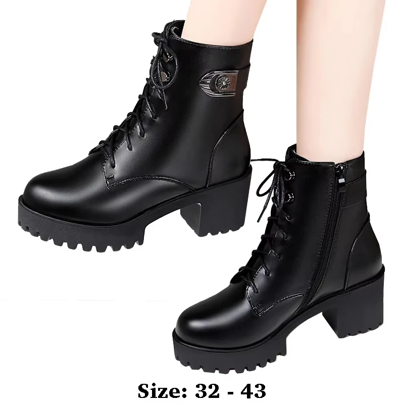 

high quality short ankle length genuine leather boots for women 6cm mid heel platform 2025 autumn winter elegant fashion shoe