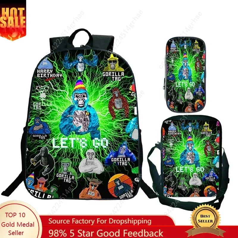 

Game Gorilla Tag Print Backpack with Shoulder Bag Pencil Case Boys Funny Cartoon Schoolbag Waterproof Children Boolbag 3Pcs Set