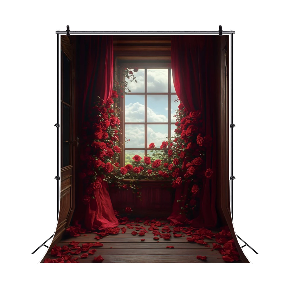 Red Rose Flower Wedding Bride Backdrop Photography Vintage Window Baby Shower Portrait Photo Photographic Anniversary Background