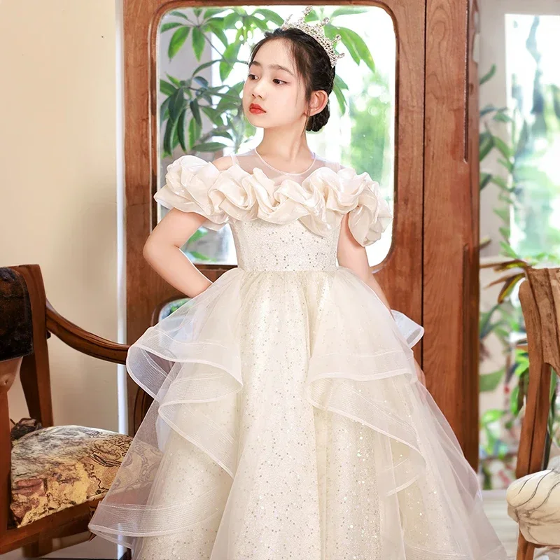 Robe de soirée longue en tulle pour petite fille, robes de champagne pour invité de mariage, robe de reconstitution historique de luxe pour enfants, fête d'anniversaire, élégante