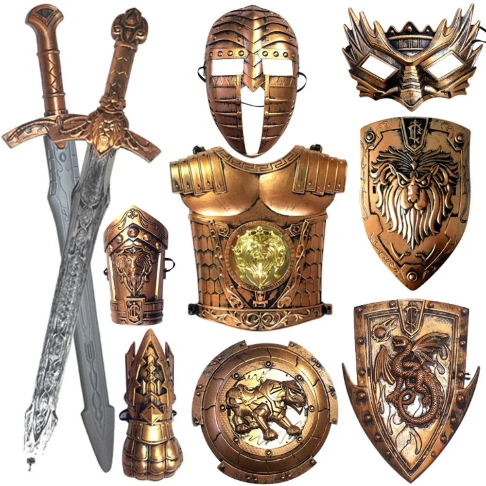 Bronze Pirate Armor, Dragon shaped Lion Shield, Round Shield, Horn Shield, Eye Mask, Blade and Sword Weapon Set