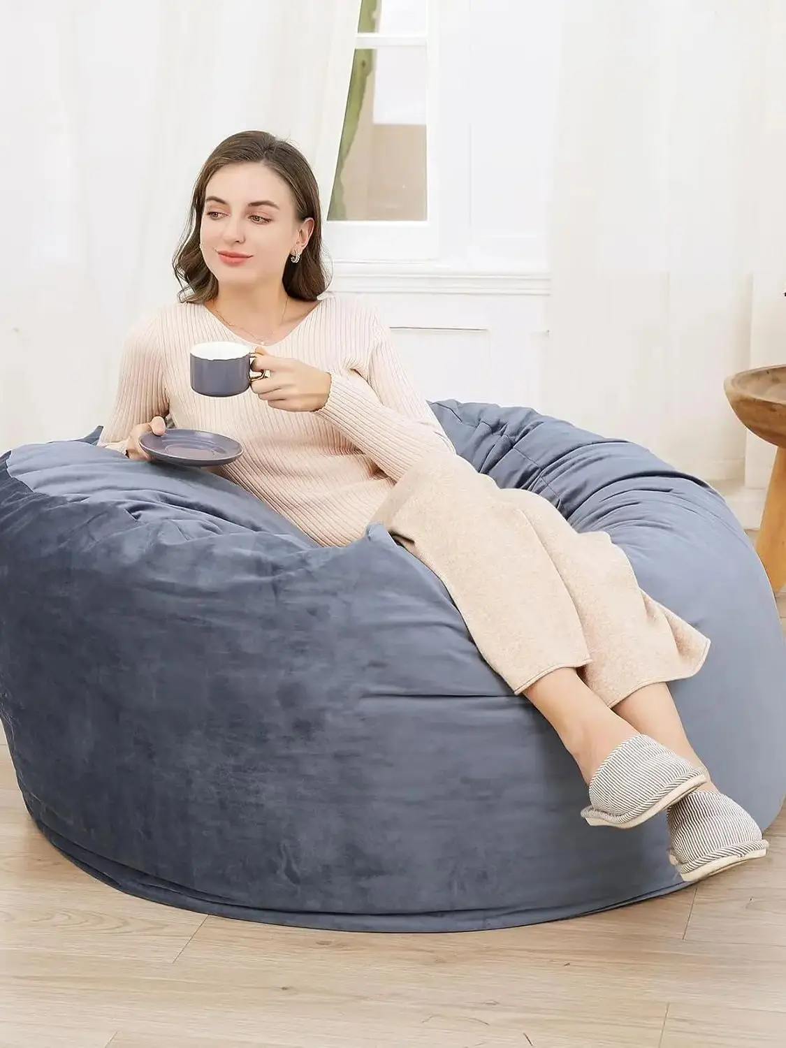 XXL Velvet Bean Bag Chair 120x120x70cm Soft Fluffy Lazy Sofa with Premium Foam Filling for Living Room Bedroom Gaming
