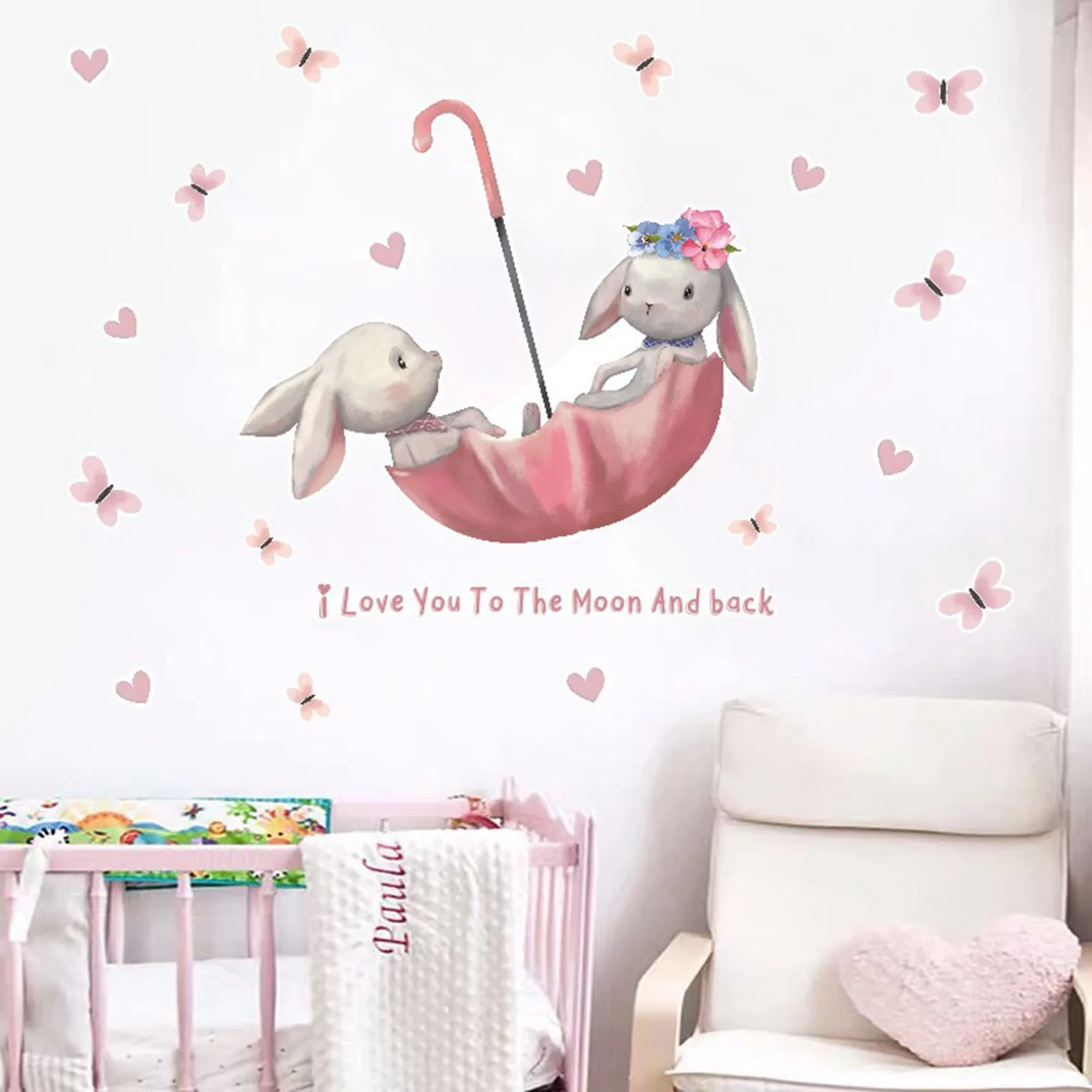 Cartoon Rabbit Butterfly Umbrella Bunny Wall Stickers for Kids Room Baby Room Decor Wall Decals Room Interior