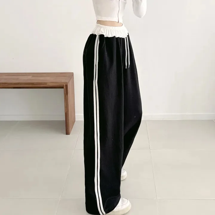 

Korean Style Color Fleece Lined Casual Sweatpants Women's Spring Autumn Winter Loose Fit Trousers with Color Block Design
