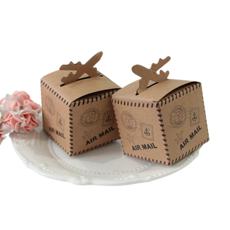 10/20/30Pcs Retro Airpla Kraft Paper Gift Box Wedding Sweet Favor Candy Box Packaging Bag With Ribbon Birthday Party Decoration