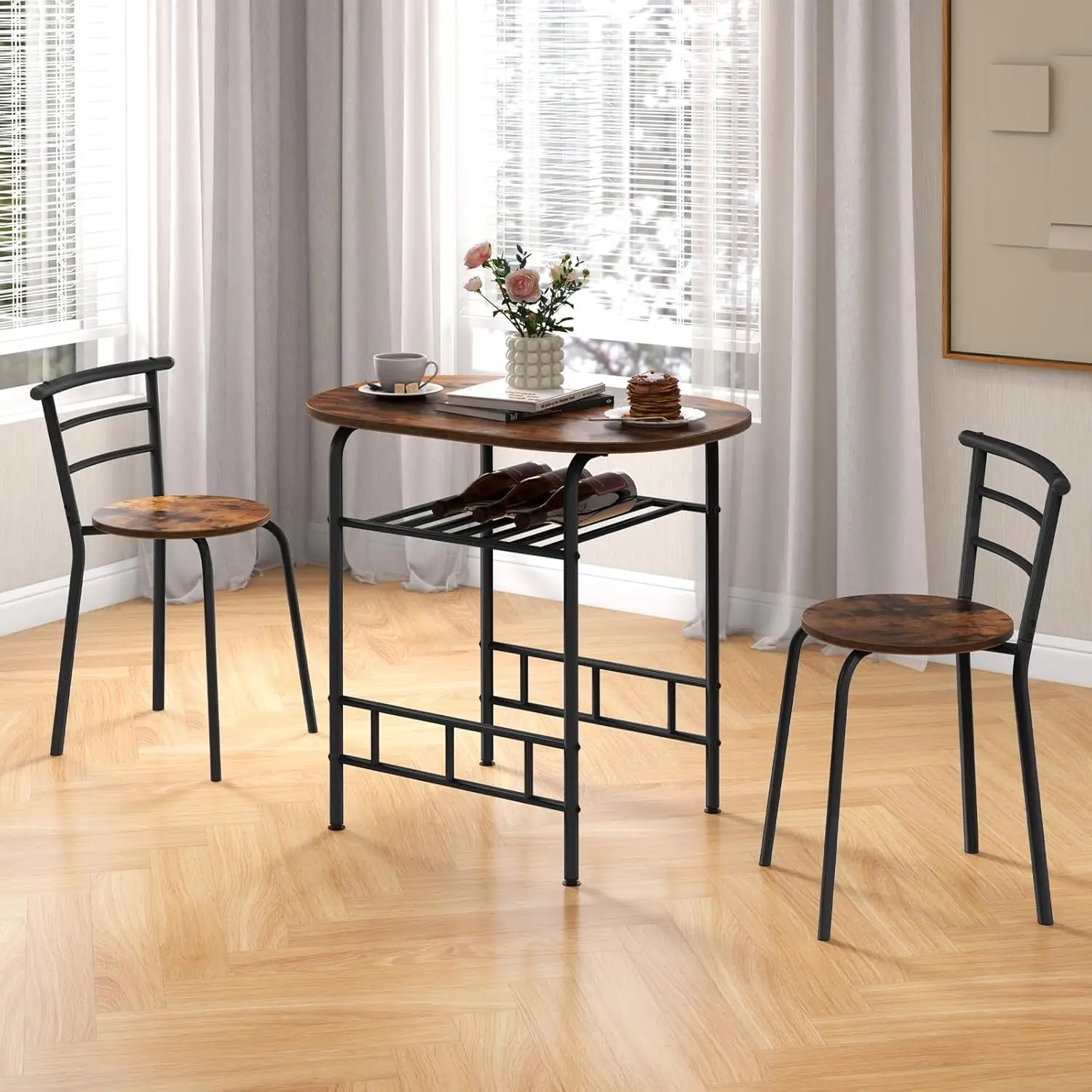 3 Piece Dining Set Compact 2 Chairs and Table Set w/ Metal Frame and Shelf Storage Bistro Pub Breakfast Space Saving