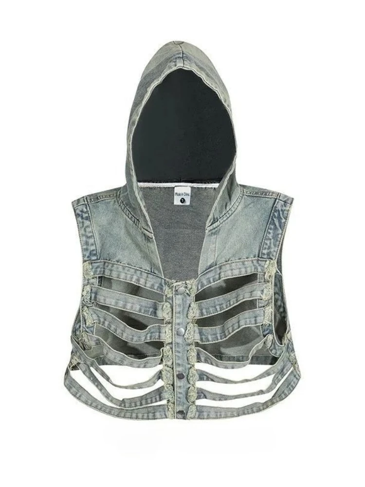 

American High Street Coats Vests Hooded Sleeveless Hollow Out Design Denim Jackets Y2k Harajuku Vintage Hip-hop Women's Clothing