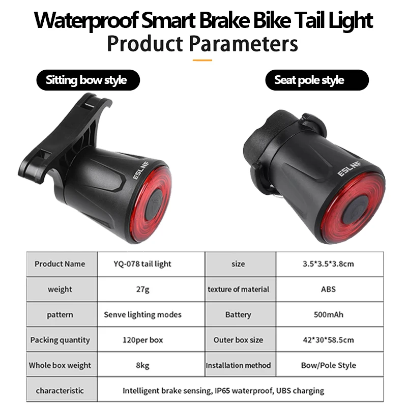 

ESLNF Bicycle Intelligent Auto Brake Sensing Taillight Six Modes Cycling Light Waterproof IP65 Night Endurance Riding Warning