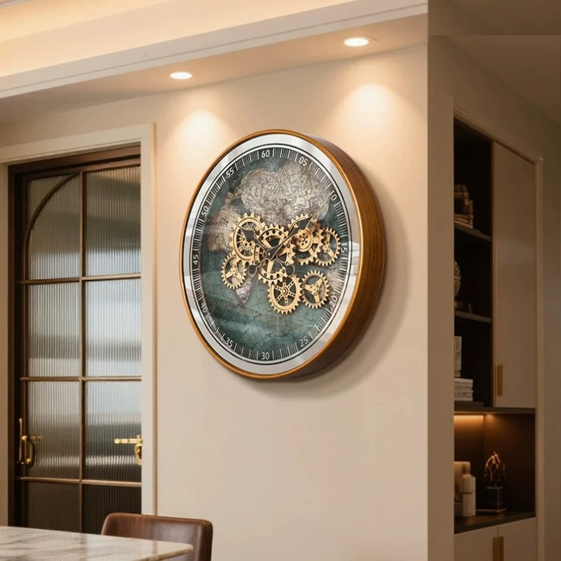 Vintage World Map Wall Decor Accent Panel Time Display Furnish Round Industrial Wall Hanging Ornament for Living Room Lobby