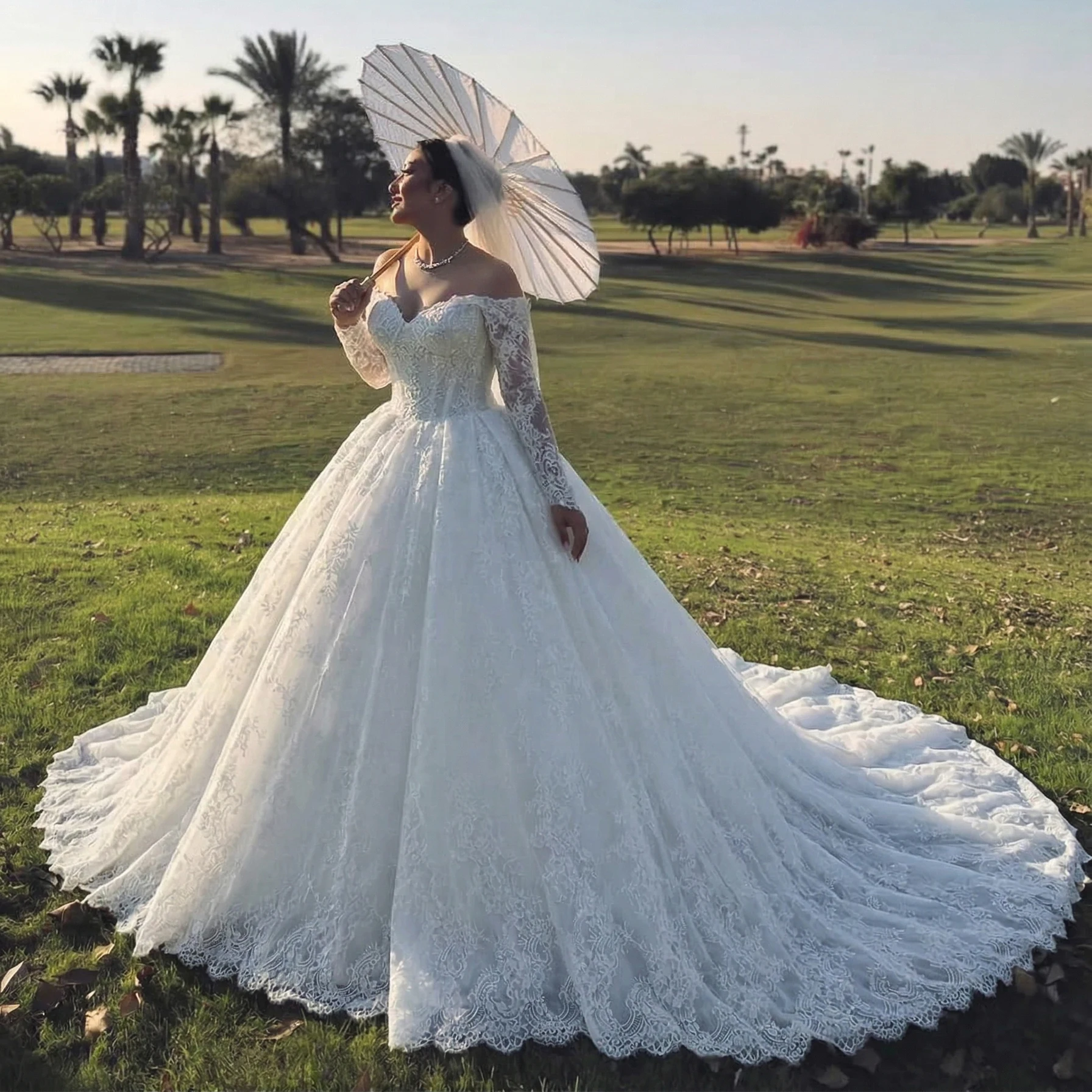 

Sharon Said Luxury Dubai Ball Gown Wedding Dress Elegant Off Shoulder Long Sleeve Beaded Arabic Bridal Gown SW002 Customized
