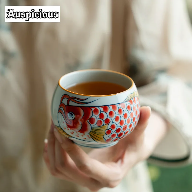 Pure Hand-painted Red Dragon Fish Teacup Nafu Blue and White Master Cup Sample Smelling Cup Puer Tea Bowl Chazhan Teaware 200ml