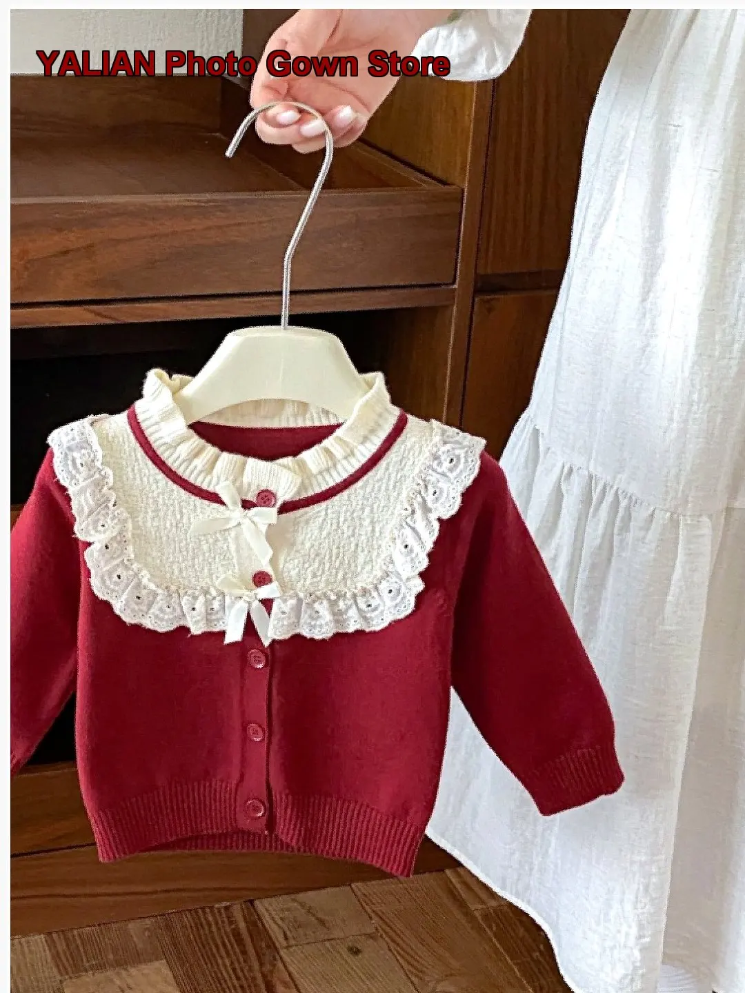 Infant Girls Spring Autumn Knit Cardigan with Lace Trim Round Neck Long Sleeves Open Front Coat
