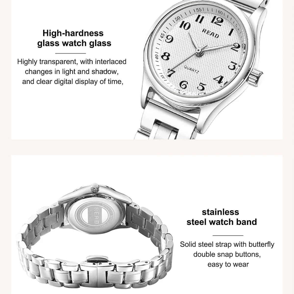 READ Women Quartz Watch | Arabic Numeral Dial | Stainless Steel Bracelet | 30M Water Resistant Butterfly Clasp Dress Watch