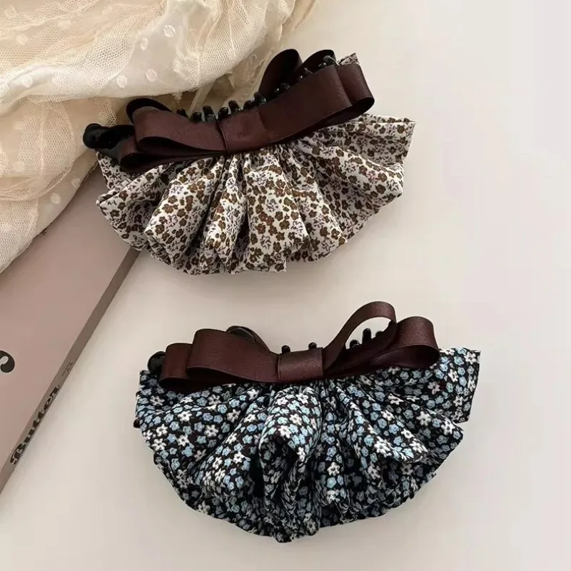 

Floral Fabric Bow Ruffled Satin Banana Hair Clip for Women High-End Rustic Style Twist Claw Clip Versatile Hair Accessory