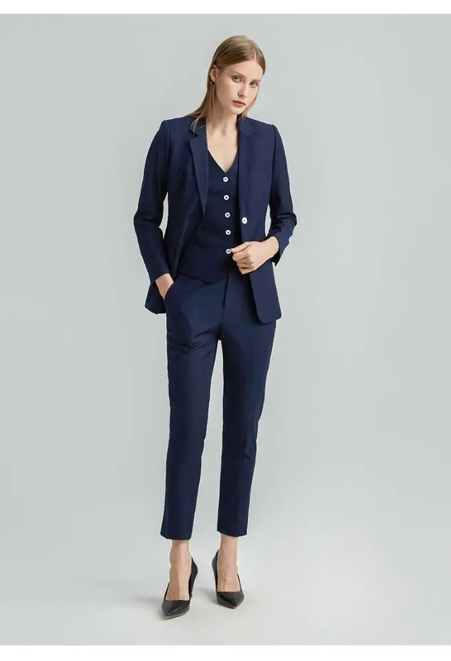 

Office Ladies Women's Pantsuit Navy Blue Business Classic 2 Buttons Blazer Vest Pants Set 3 Pieces Formal Female Wedding Suits