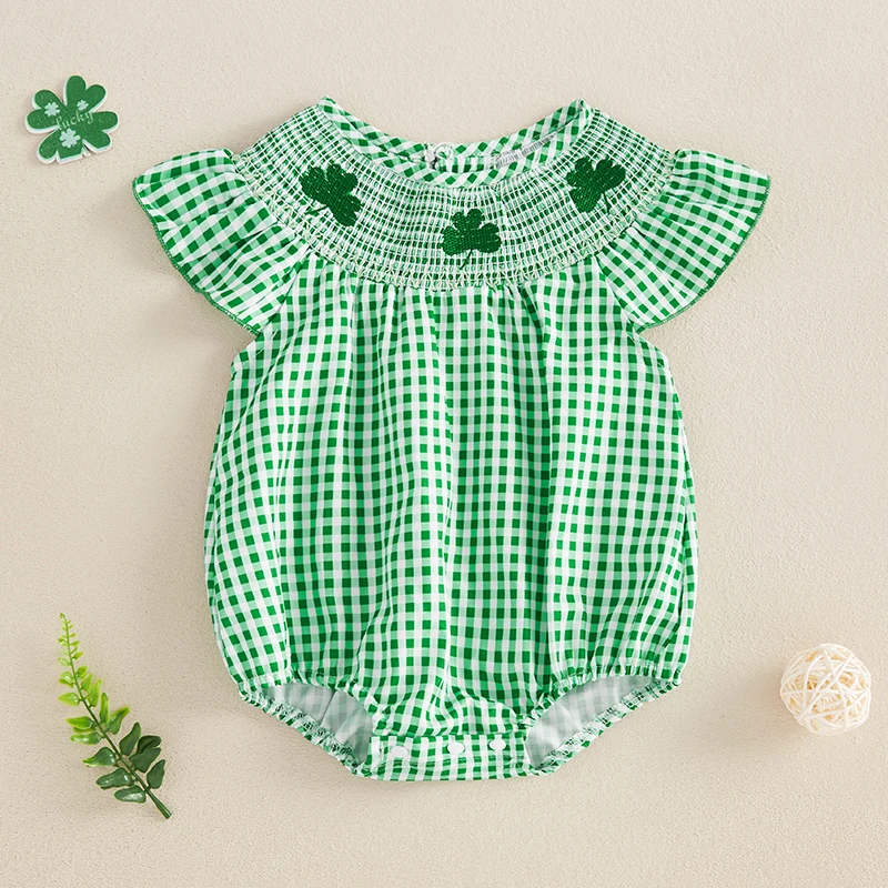 St Patricks Day Baby Girl Outfit Shamrock Smocked Bubble Romper Gingham Flutter Sleeve Bodysuit Cute Spring Jumpsuit