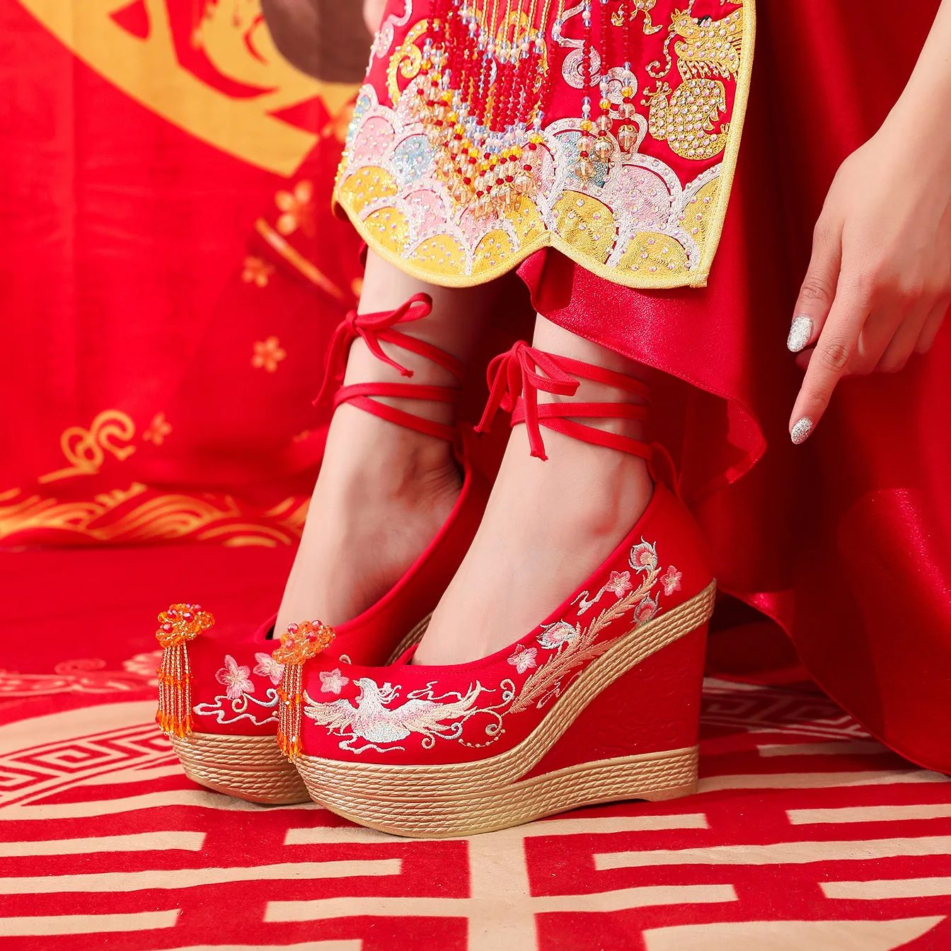 

Super High Heel Xiuhe Wedding Shoes Women's Height Increasing for Han Chinese Clothing Red Bridal Ancient Style Embroidered
