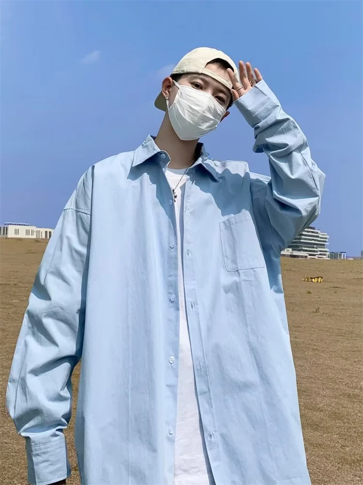 

Loose Long Sleeve Blue Shirt for Boys Spring Casual Style Youthful Loose Fit Sun Protection Outerwear Versatile Casual Shirt