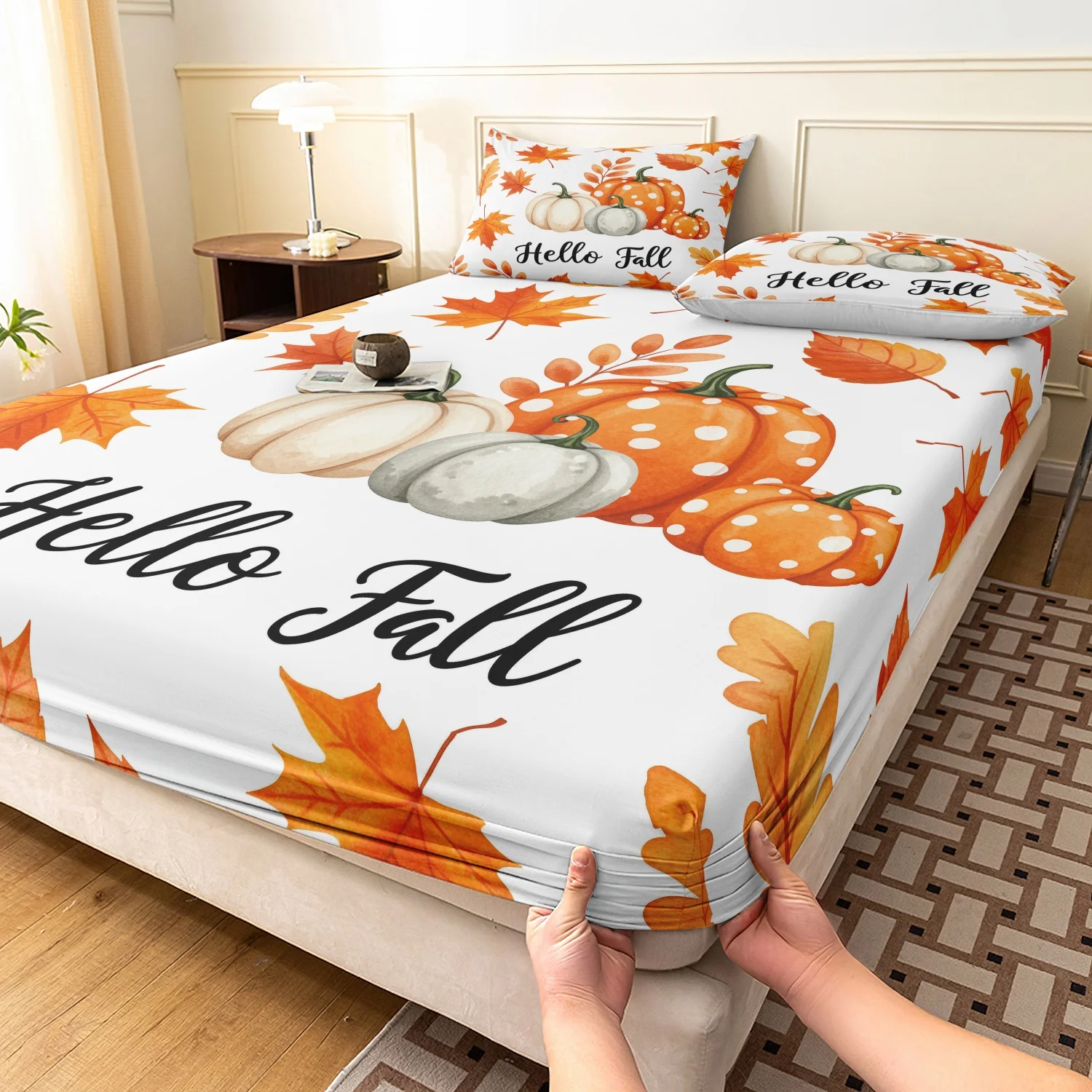 3 Pieces Autumn Pumpkin Maple Leaf Print Fitted Sheet Set, Hello Letter Watercolor Harvest Printed Bedding