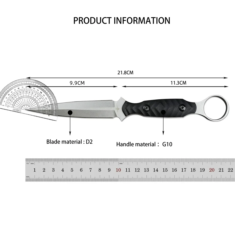 Outdoor Black TOOR Hiking EDC Fixed Blade Knife with Kydex Sheath D2 Blade G10 Handle Self Defence Knives Camping Hunting Tool