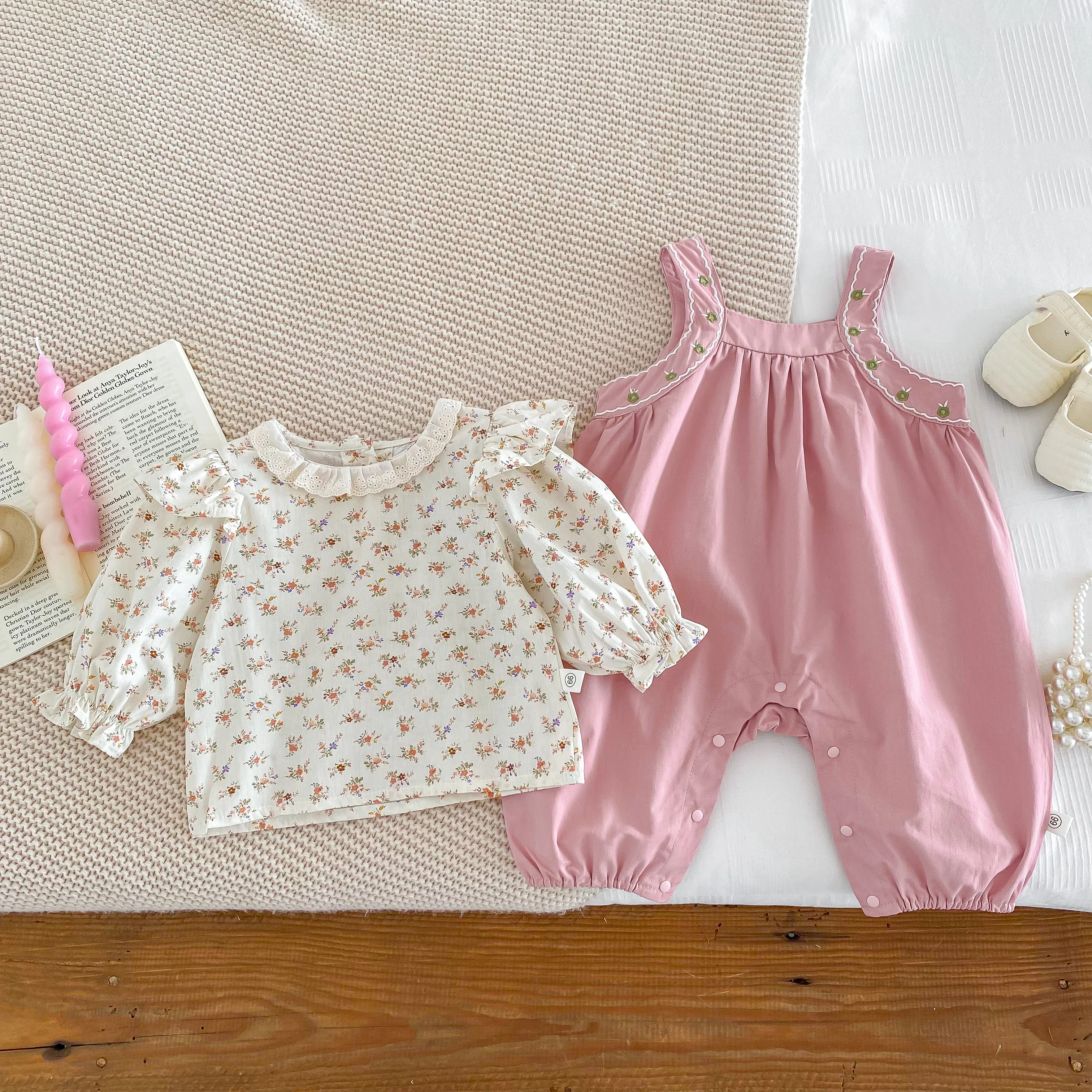 Autumn Newborn Clothes Baby Flower Embroidery Jumpsuit + Lace Collar Long Sleeves T-shirt Top Two Piece Set 0-2yrs