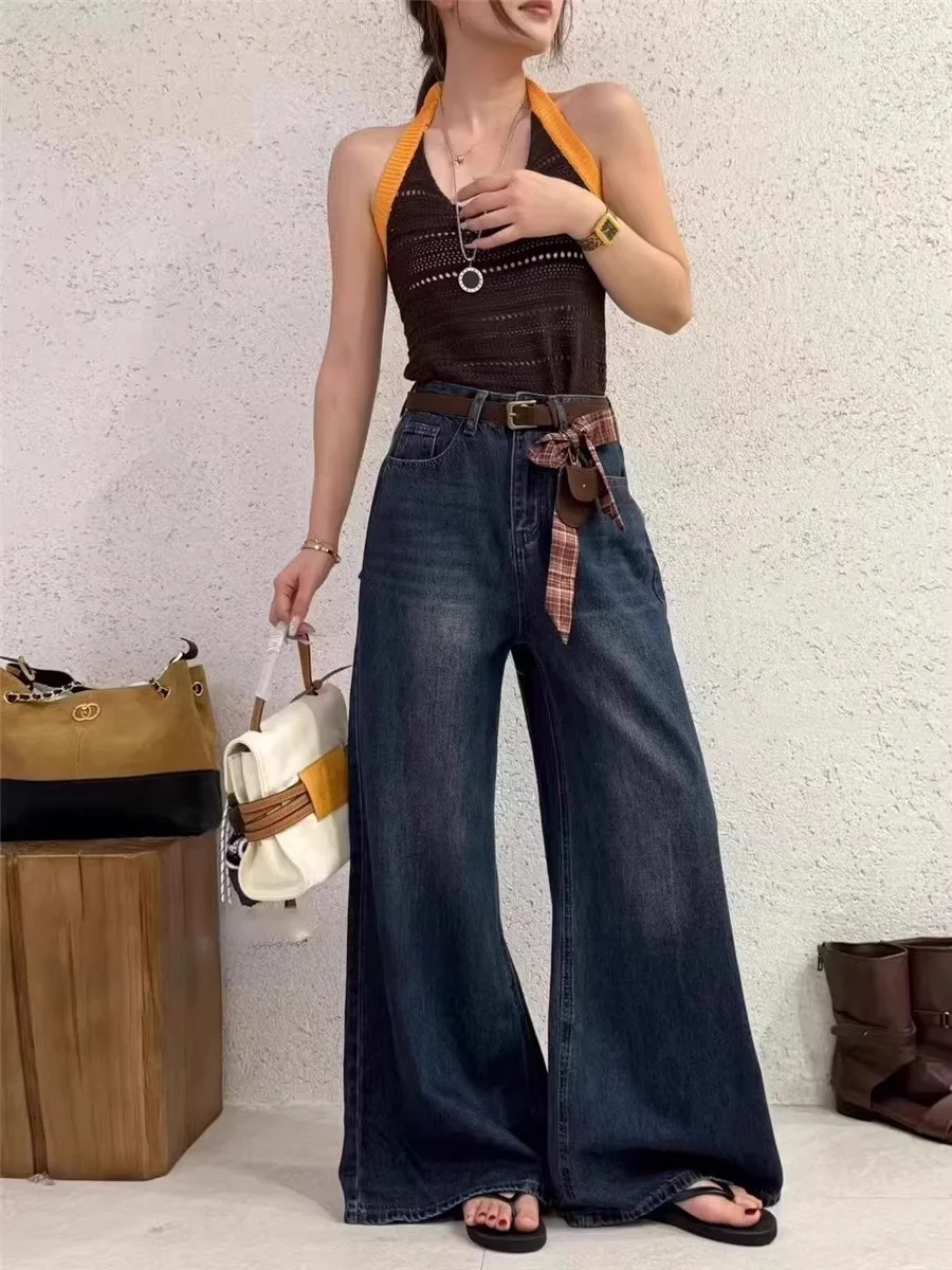 

American Retro Faion Design Women's Jeans Loose Wide Leg Pants for Pear aped Body High Waist Denim Spring Autumn