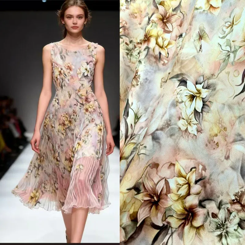 Luxury Yellow Floral Print Real 100% Mulberry Silk Craft Fabric for Sewing Dress Shirt Cloth 1.4m Wide Georgette Crepe de chine