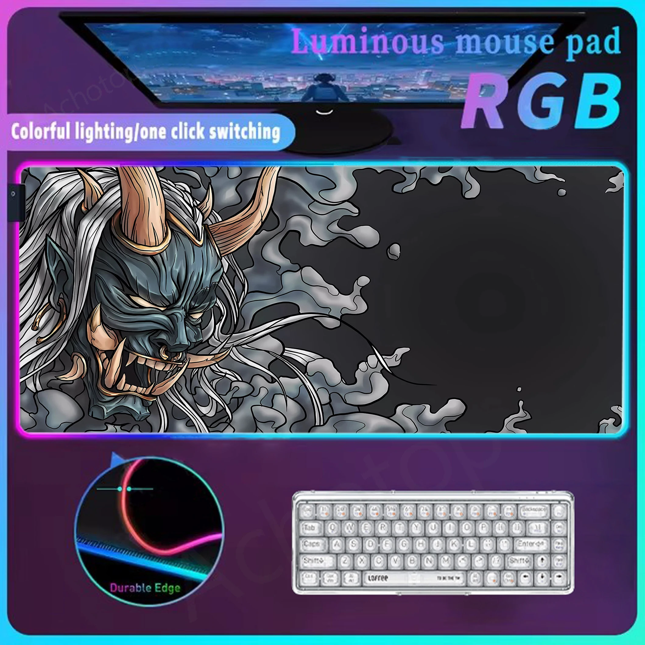 Japanese Oni Rgb Mouse Pad Alfombrillas Mousepad Gaming Glow Personality Table Mat Led For Table Carpet Extended Luminous Pads