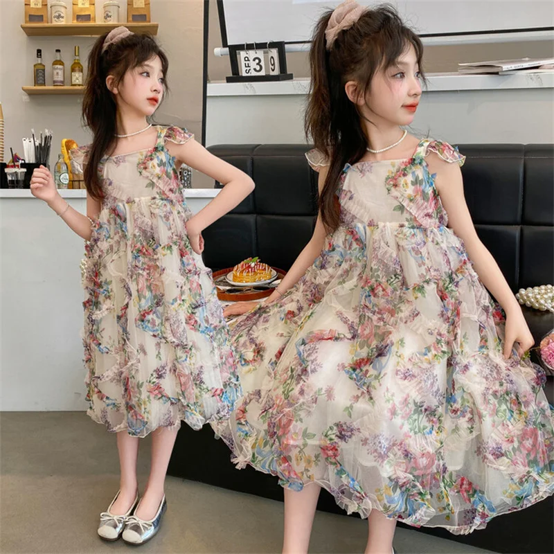 Girls summer dress 2024 new CuHK children Korean version 6-12 years old 15 year old little girl foreign style floral dress tide