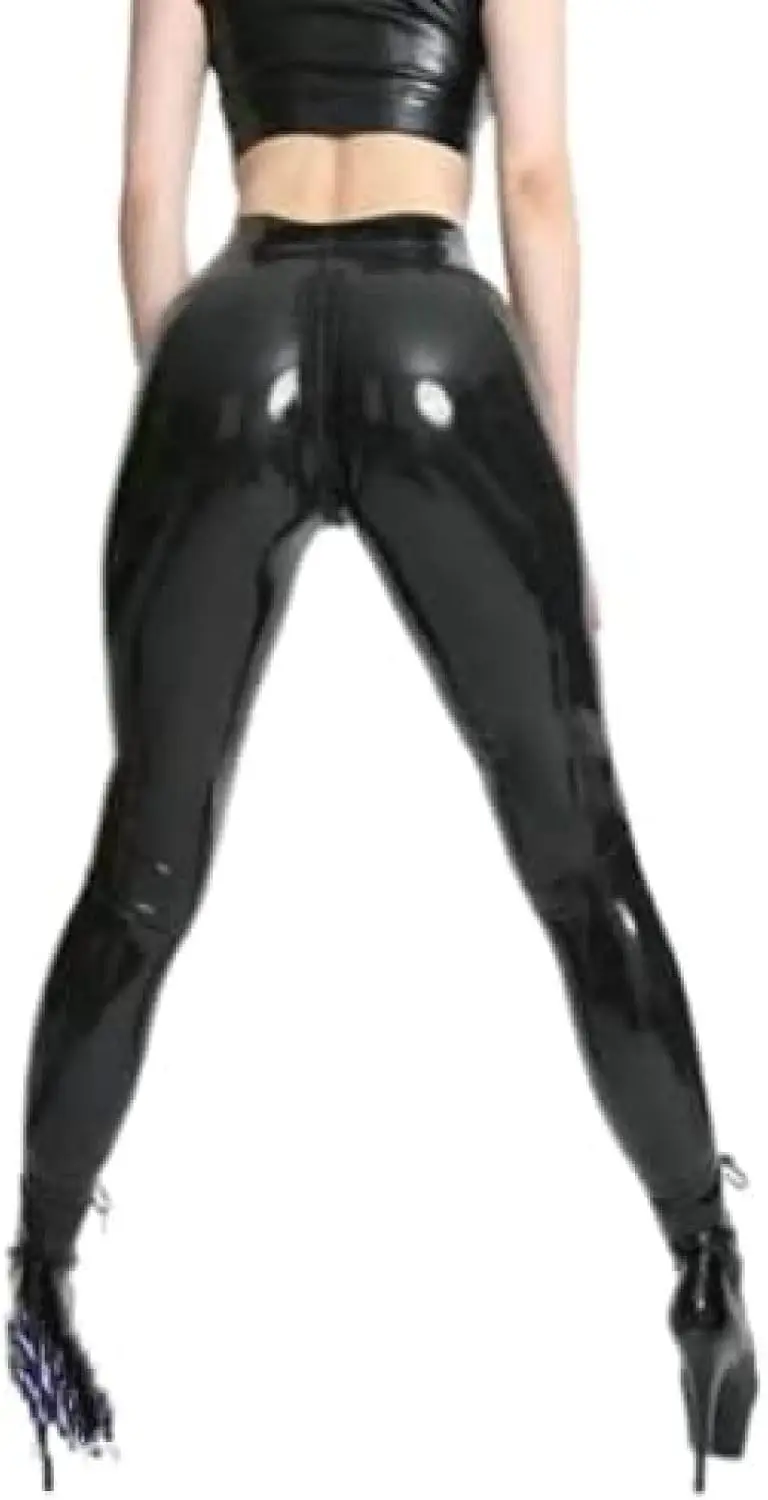 

Black Rubber Latex Leggings Crotch Zipper Pants High Waist
