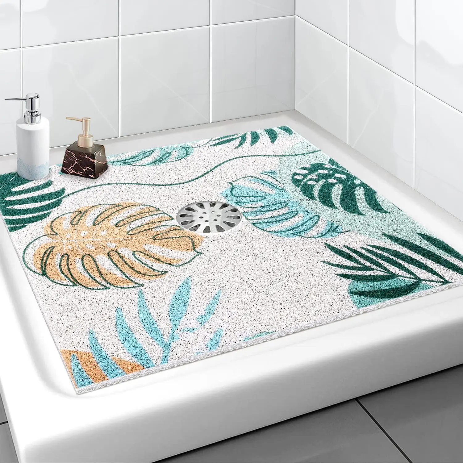 

Square Shower Mat, 27 x 27 Inch Stylish Non Slip Shower Mats for Inside Shower with Central Drain Hole, Soft Trimmabl