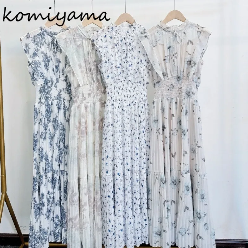 

2025 New Print Pleated High Waist Vestidos Spring Summer Dress Flying Sleeve Dresses Lace Up Bow Ropa De Mujer A-line Vestido