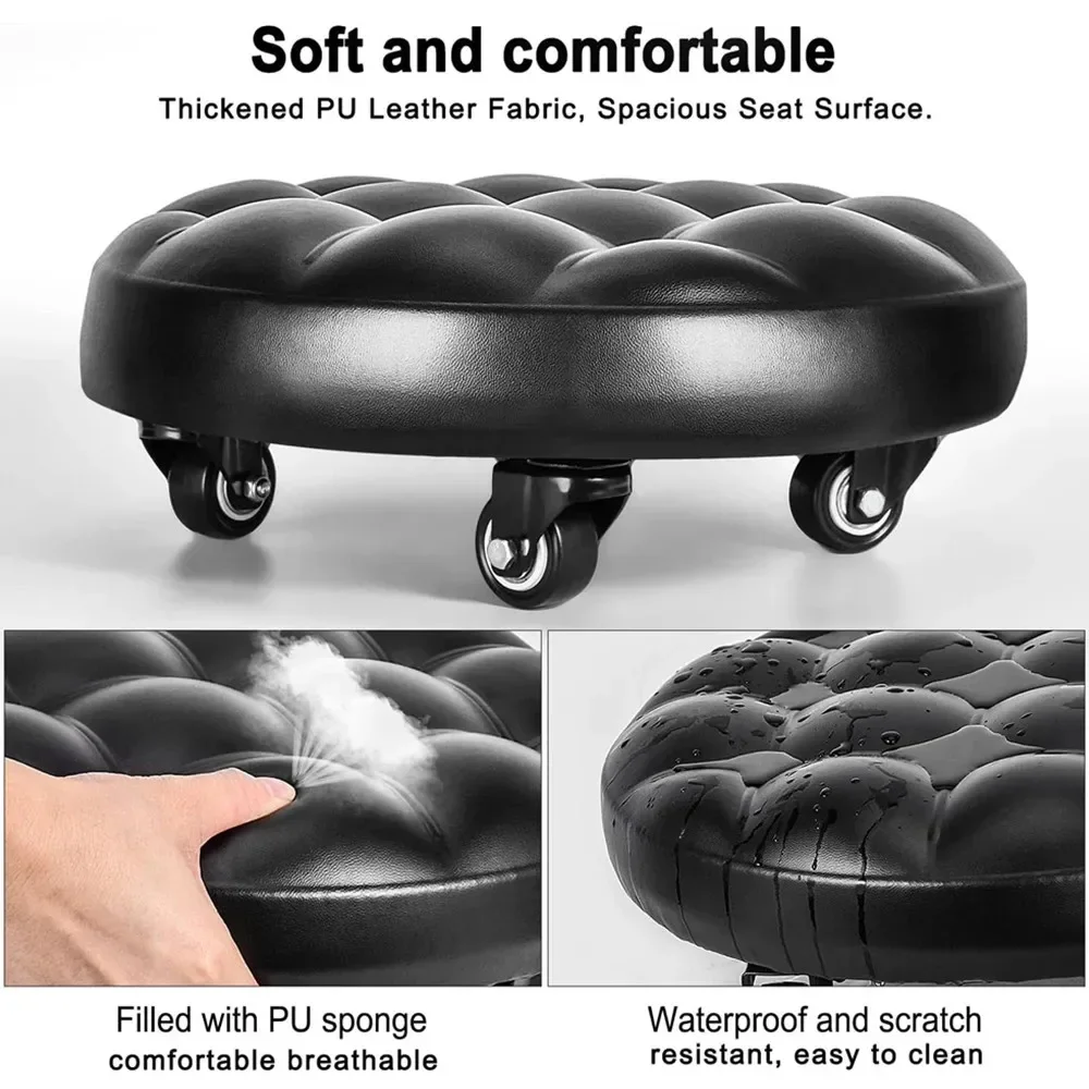 Pulley Low Stool, Soft Low Height Rolling Stool, Leather Stool Seat with Wheel