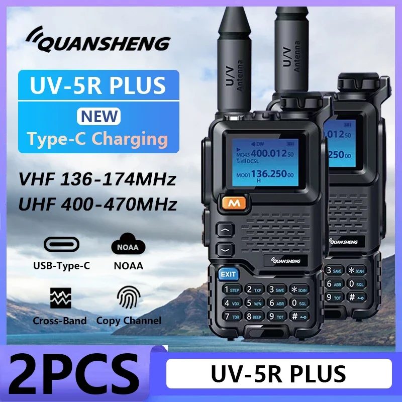 Quansheng UV 5R 플러스 워키토키 – C타입 충전 가능한 휴대용 양방향 라디오, VHF/UHF 장거리 통신용, 2개 세트