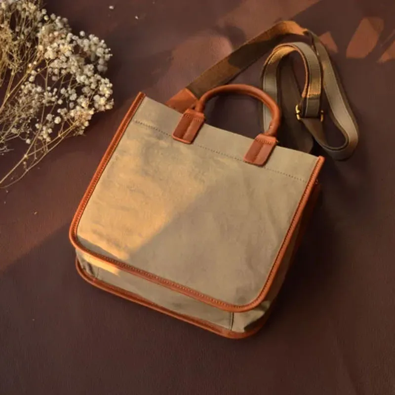 

AETOO Niche art crossbody canvas bag leather men's retro handbag Mori casual day shoulder bag