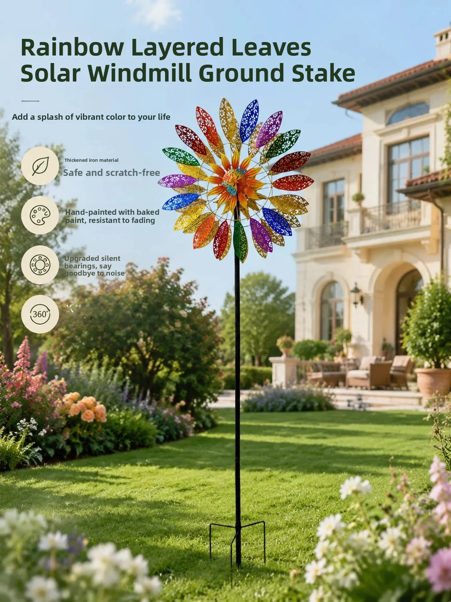 Outdoor Decorative Solar Powered Windmill Iron Art Painted Sunflower Garden Lawn Villa Decoration Ground Plug-In Ornament
