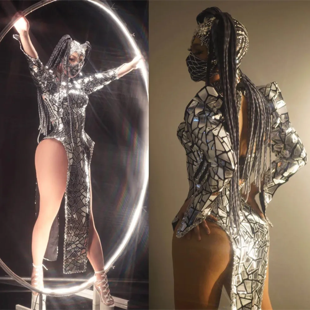 فستان بفتحة مرآة ليزر ذهبية فضية فستان مثير للنساء راقصة أداء المغني اسحب الملكة زي ملهى ليلي عرض الحفلات ملابس المسرح