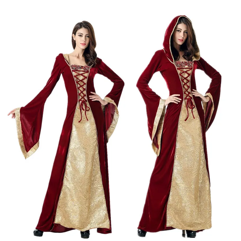 Women Medieval Retro Court Queen Cosplay Costume Red Hooded Lacing Patchwork Gown Halloween Masquerade Party Evening Garment