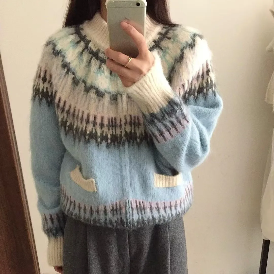 

Knitted Cardigan Women Sweater Jacquard Jumper Color Block Zipper Pocket Spliced Long Sleeves Stand Up Collar Casual 2025 Autumn