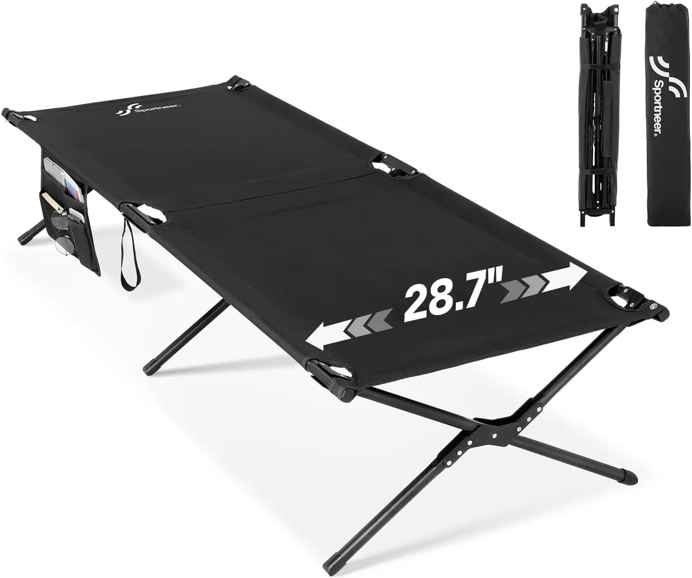 

Camping Cot for Adults: 78.3"x28.7"x14.6", Easy Setup, Supports 330 lbs, with Side Pockets & Storage Bag