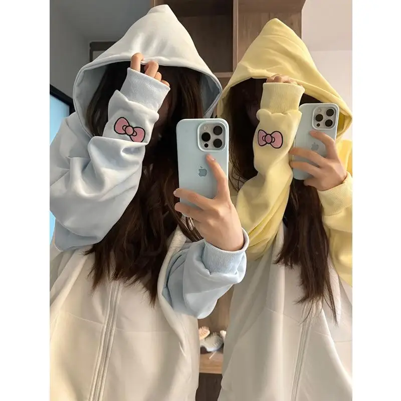 Kawaii Sanrio Hello Kitty Hooded Sweatshirt Winter Thickened Anime Print Zipper autumn winter Outdoor Cartoon Cute Girls Jacket