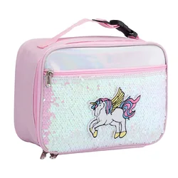 Girls Boys Cartoon Unicorn Students Fashion Sequins Lunch Bags New Children Portable Laser Splicing Insulation Picnic Lunch Bag