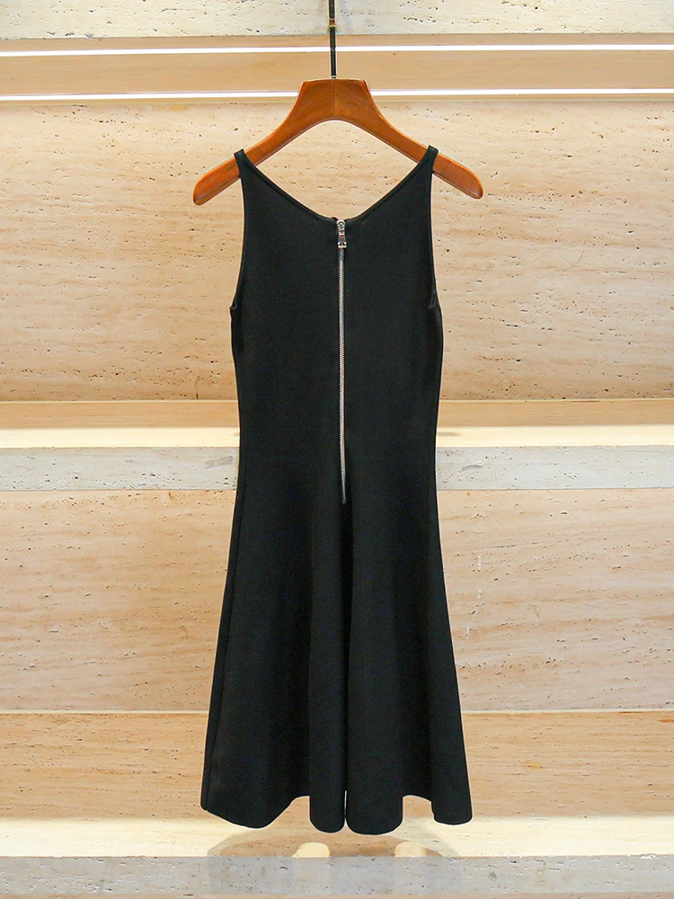 High-End Zomer Hepburn Sle Bla Gebreide Dr Dames Slim Fit Strapl Dr Vintage Knop Hoge Taille A-lijn Rok