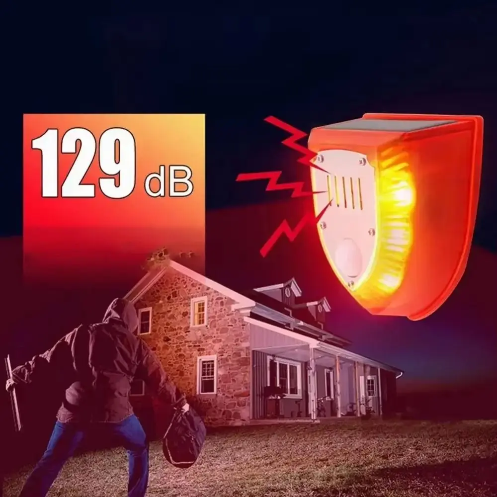 

3 Modes Solar Security Siren Waterproof Solar Powered Animal Deterrent Alarm Audible and Visual Alarm Anti-theft