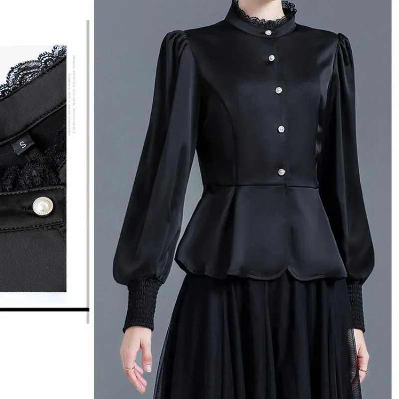 Spring and Autumn Women's Solid Standing Neck Lace Panel Button Loose Fit Lantern Sleeve Cardigan Fashion Elegant Casual Tops
