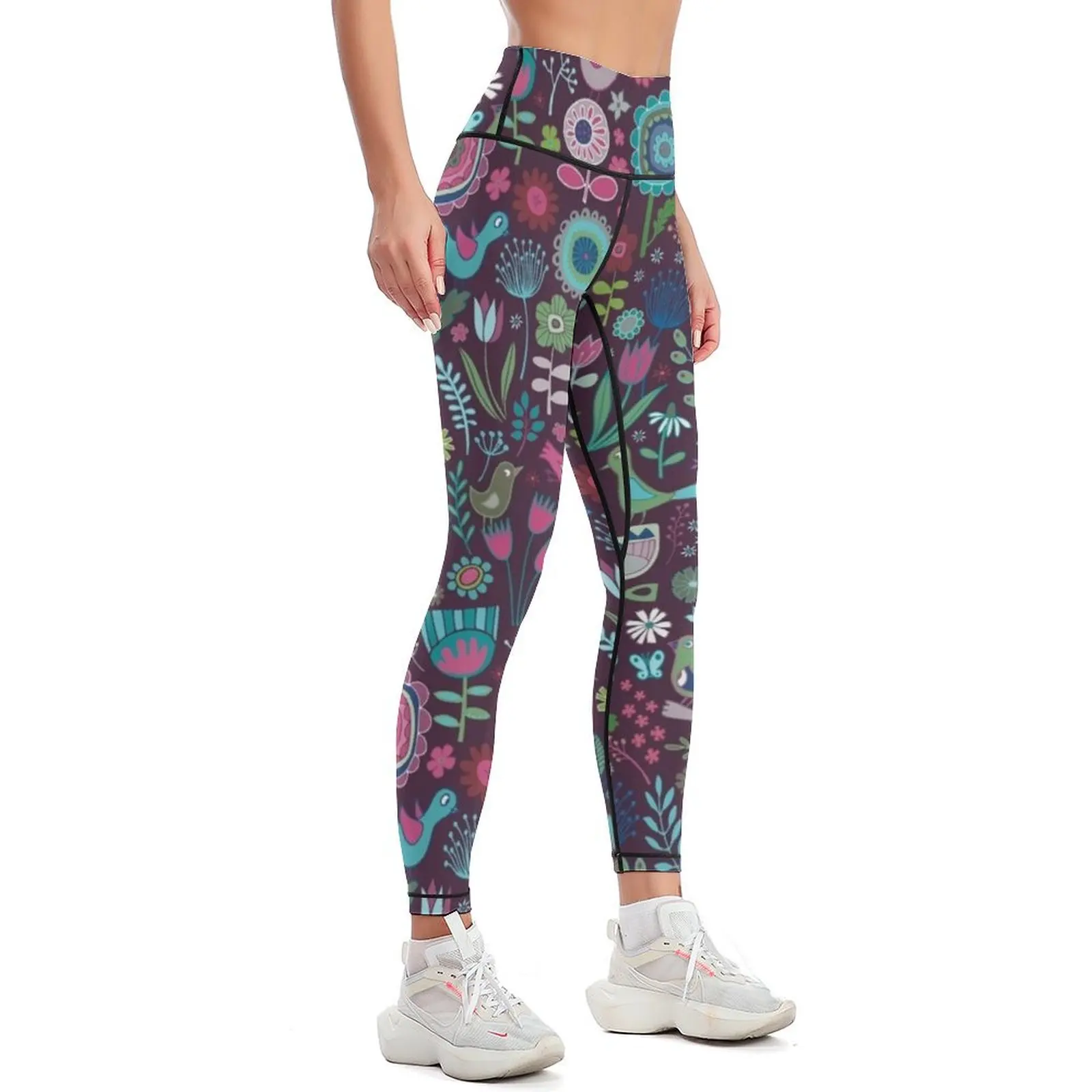 Birds and Blooms - blueberry - pretty floral bird pattern by Cecca Designs Leggings Fitness woman Womens Leggings