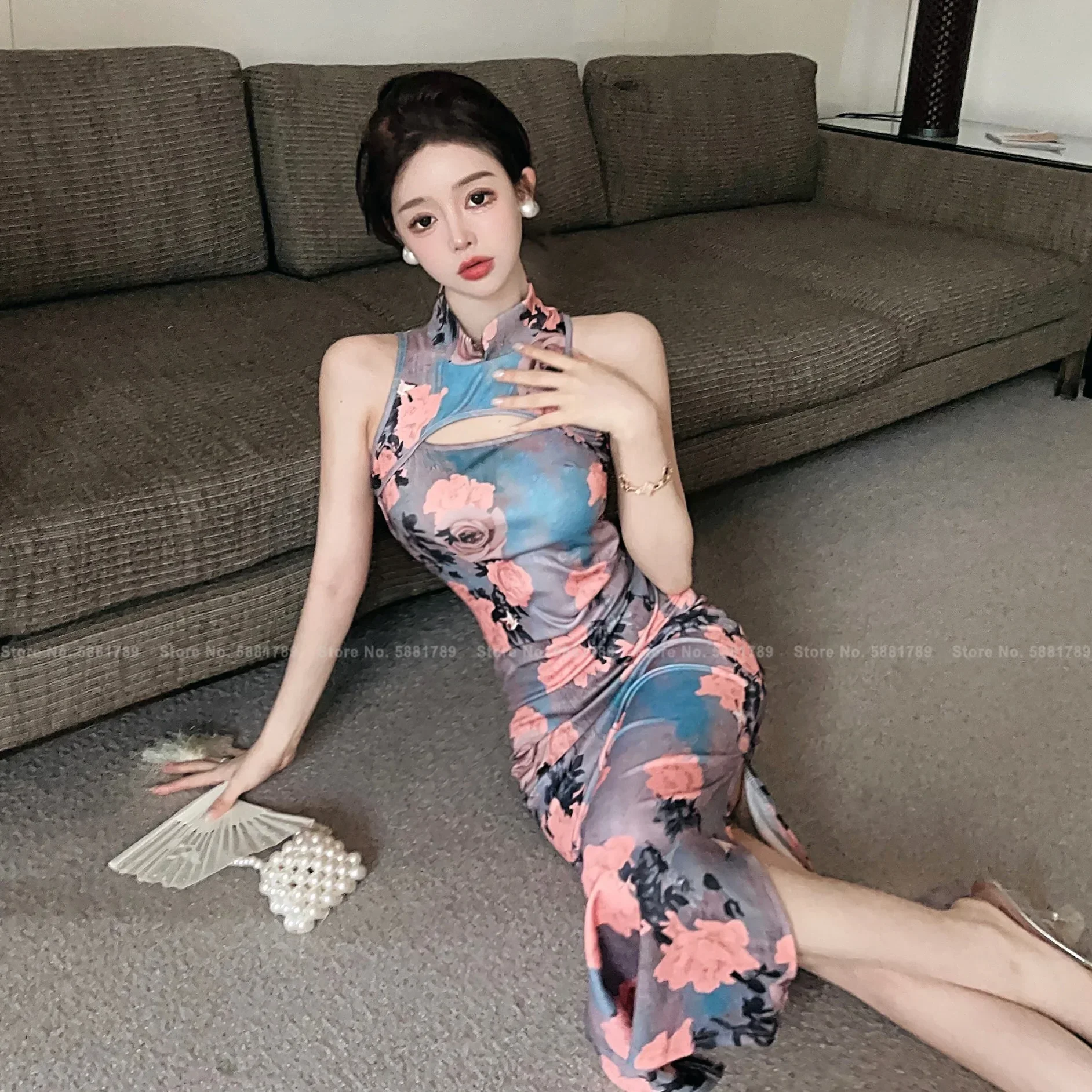 Donne elegante senza maniche Qipao abito da sera francese stile cinese stampa Slim Cheongsams Sexy Lady Bodycon abiti da festa Vestidos