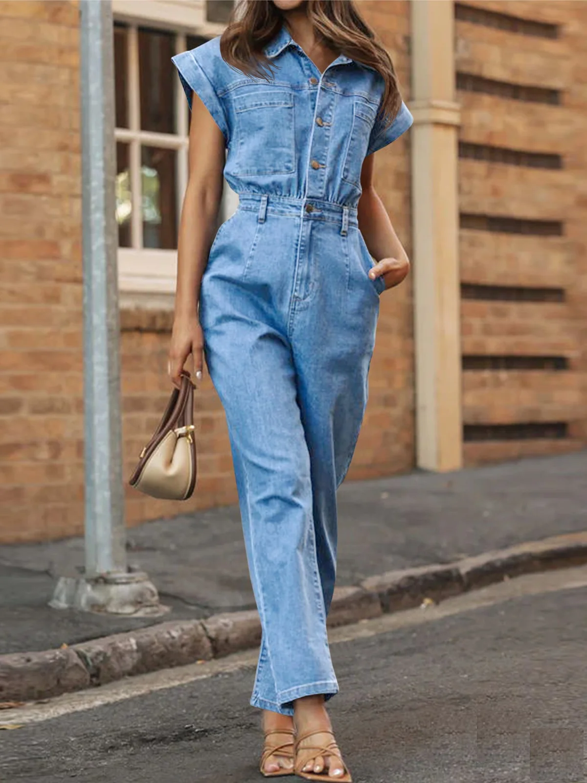 Women Denim Jumpsuits Single Breasted Cap Sleeve Rompers Dungarees Button Down Straight Leg Jeans Long Pants Rompers With Pocket